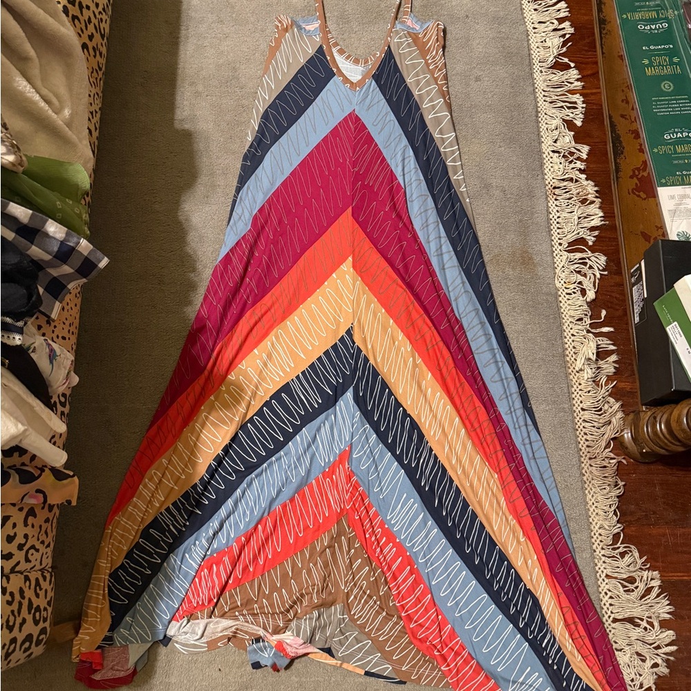 ench Connection Chevron Maxi Dress Orange Blue Size 4 Boho Statement